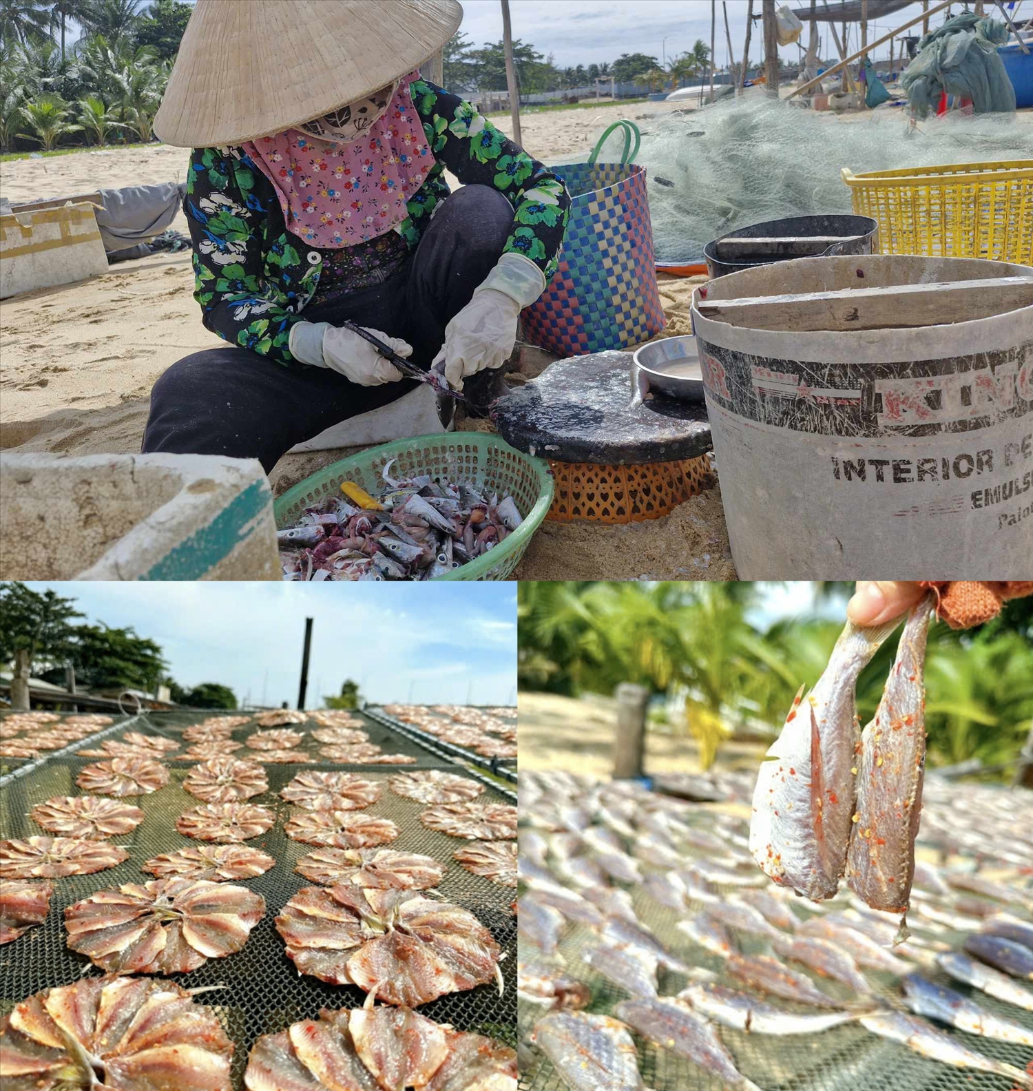 Ngư dân nơi đây ngoài đánh bắt hải sản tươi mỗi ngày còn làm thêm nhiều đặc sản khô từ cá, mực, tôm...