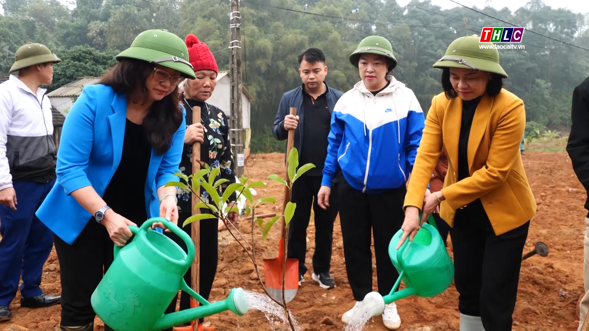 Lãnh đạo thành phố Lào Cai, Hội Nông dân tỉnh, thành phố và xã Thống Nhất trao cây giống cho hội viên nông dân. (Ảnh Truyền Hình Lào Cai)