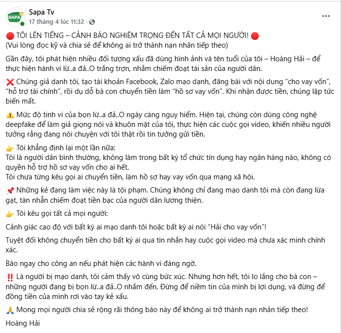 Hải Sapa TV cảnh báo bị giả mạo trên Facebook, TikTok để lừa đảo chiếm đoạt tài sản 1 ( Fanpage chính thức của Sapa TV nhiều lần đăng cảnh báo về tình trạng đang bị giả mạo )