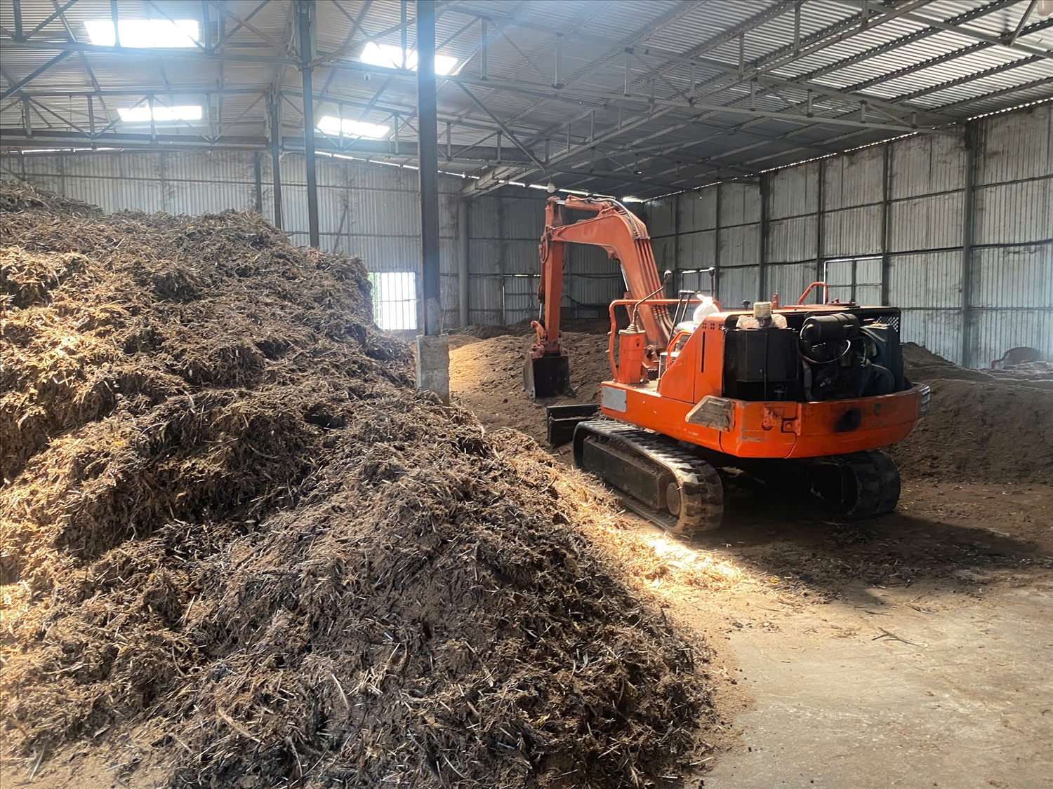 Lông gà cũng thành “vàng nâu” cho đất 5 Lông gà sau khi thu mua được anh Thiên ủ theo công thức riêng trong khoảng từ 30- 50 ngày