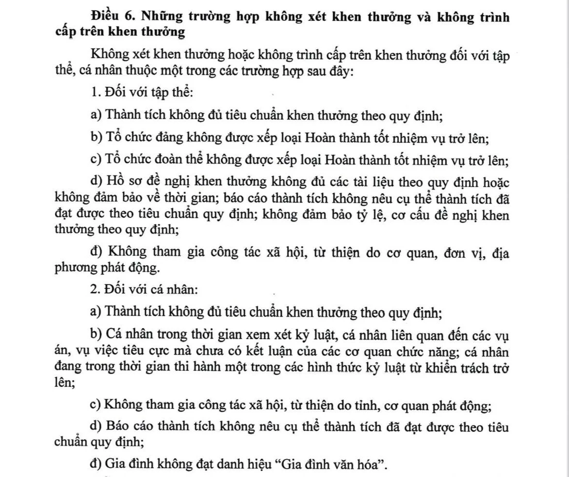 Hơn 900 giáo viên ở Bắc Hà không được khen thưởng vì chưa đóng quỹ từ thiện 2 Quyết định số 14/2024/QĐ-UBND ngày 30/6/2024 của UBND tỉnh Lào Cai nêu rõ tại Điều 6 về những trường hợp không xét khen thưởng và không trình cấp trên khen thưởng. Ảnh: Chụp màn hình.