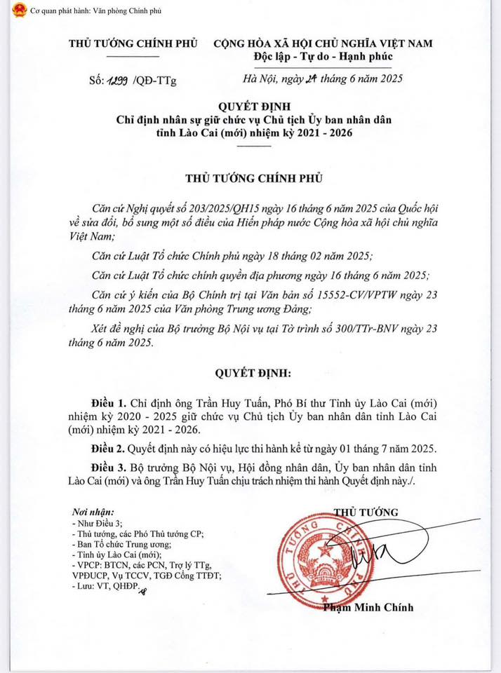 Ông Trần Huy Tuấn được bổ nhiệm làm Chủ tịch UBND tỉnh Lào Cai nhiệm kỳ 2021 – 2026 1 Quyết định của thủ trướng chính phủ