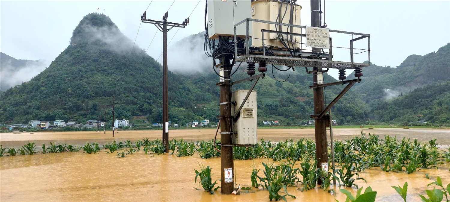 Điện lực Mường Khương ứng phó mưa lũ, bảo đảm an toàn lưới điện 2 Trạm biến áp Cầu Trắng cũng bị ngập nước