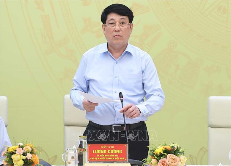 Tổng Bí thư Tô Lâm dự Hội nghị Đảng ủy Công an Trung ương 6 tháng đầu năm 2025 3 Chủ tịch nước Lương Cường phát biểu tại hội nghị - Ảnh: TTXVN