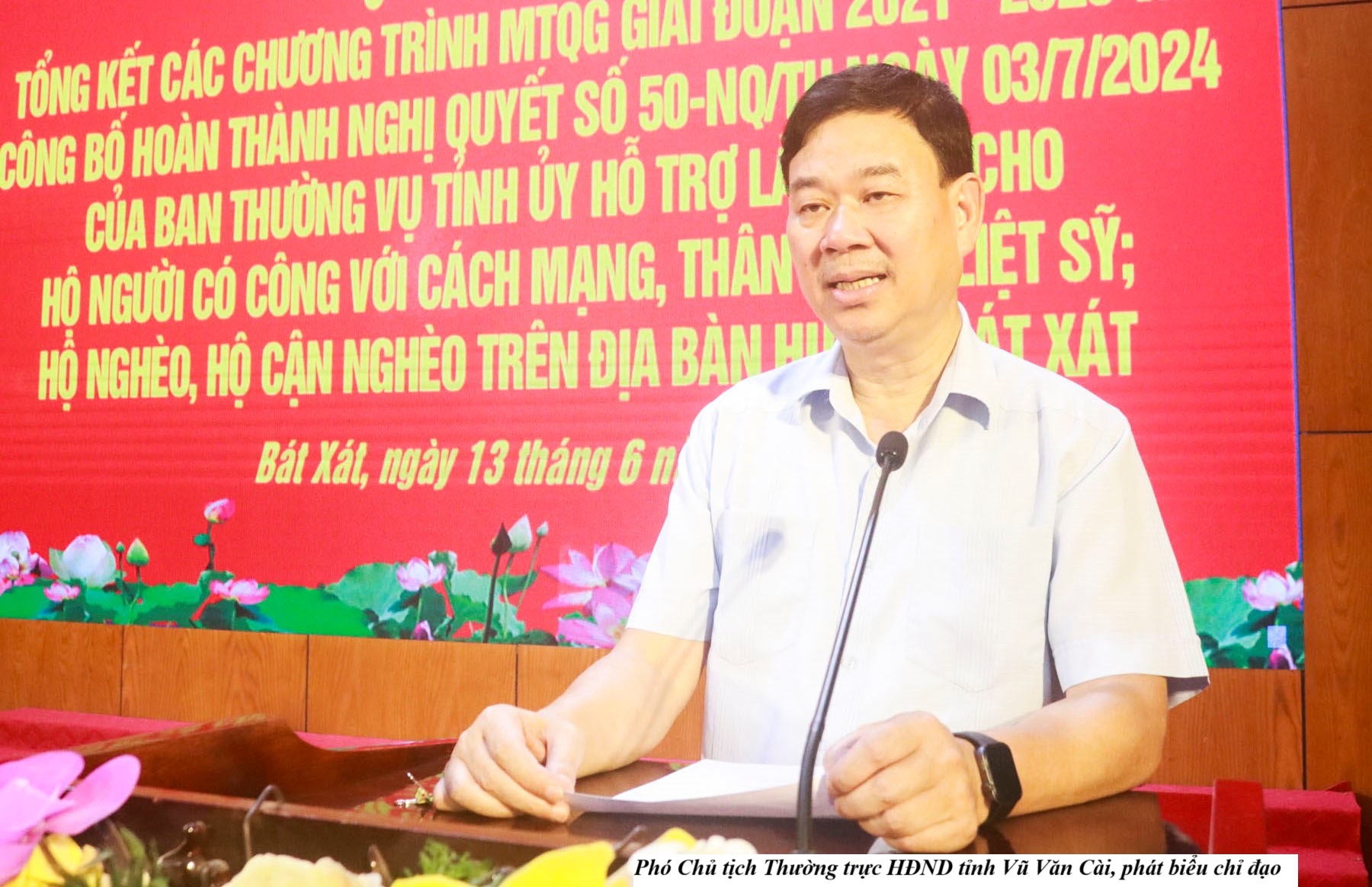 Bát Xát tổng kết thành công các Chương trình mục tiêu quốc gia giai đoạn 2021-2025, hoàn thành chỉ tiêu xóa nhà tạm, dột nát 2 Phó Chủ tịch Thường trực HĐND tỉnh Vũ Văn Cài, phát biểu chỉ đạo. (Ảnh Truyền Hình Bát Xát)