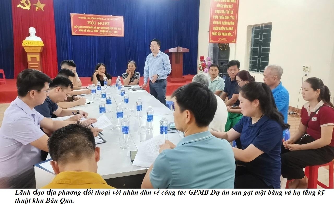 Đẩy nhanh giải phóng mặt bằng hai dự án trọng điểm phục vụ tuyến đường sắt qua Lào Cai 4 Lãnh đạo địa phương đối thoại với nhân dân về công tác GPMB dự án san gạt mặt bằng và hạ tầng kỹ thuật khu Bản Qua. (Ảnh truyền thông khu vực Bát Xát)