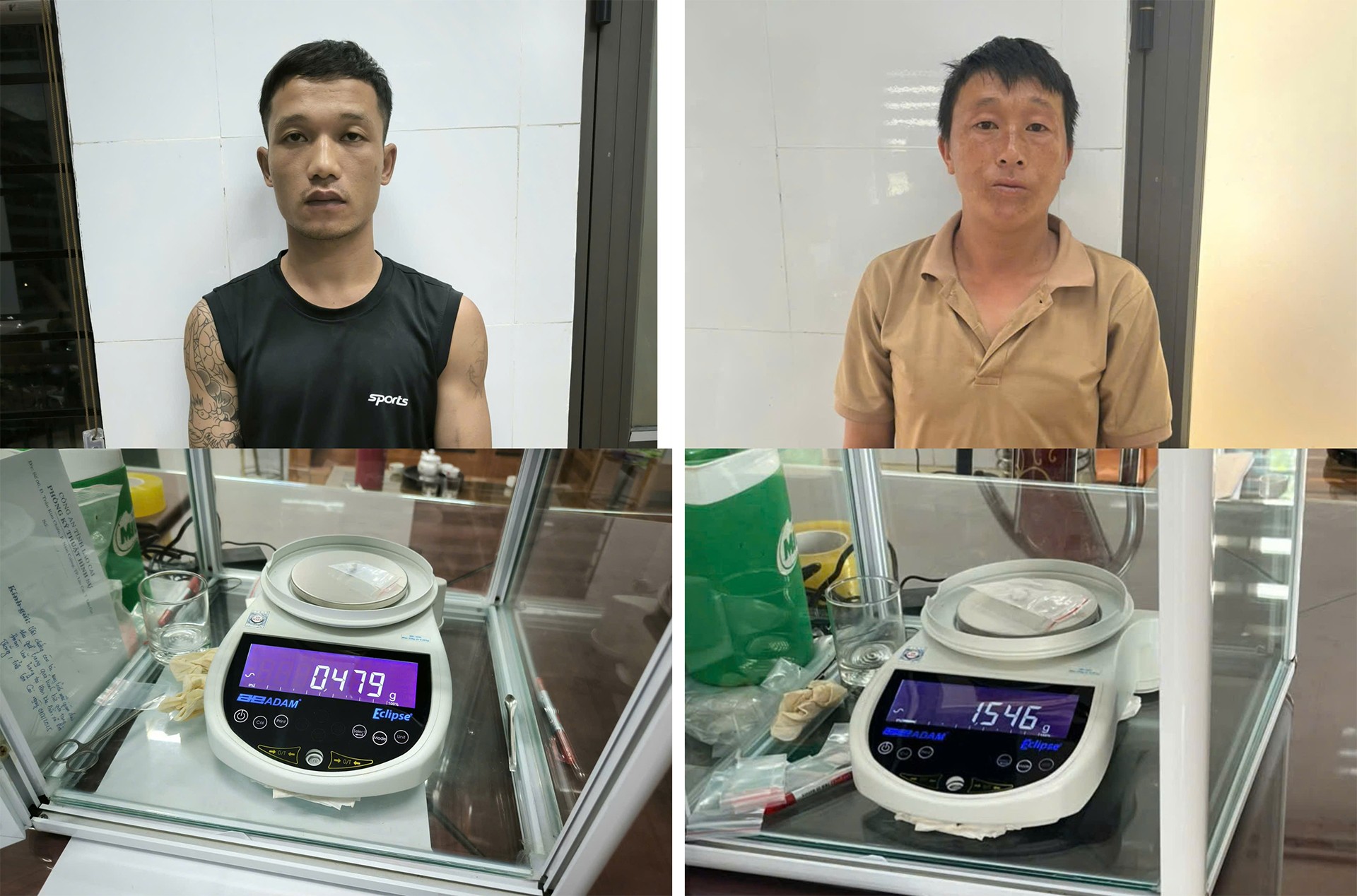 Công an xã Bảo Thắng triệt phá 2 vụ án ma túy trong 2 ngày liên tiếp 1 Đoàn Văn Trọng (trái) và Hạng A Tùng cùng tang vật vụ án. (Ảnh Báo Lào Cai)