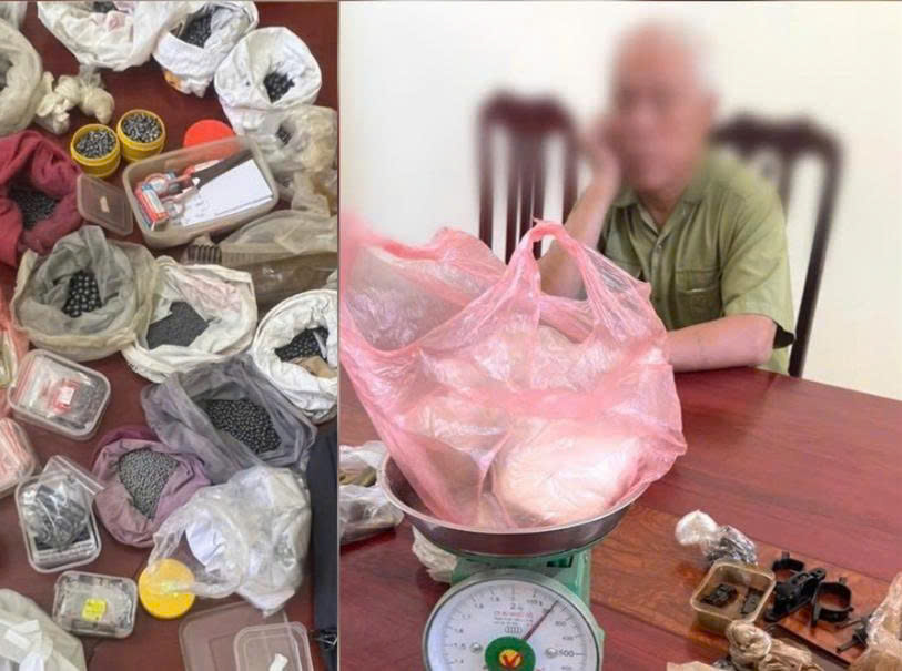 Ông Phi tại trụ sở cơ quan Công an cùng số thuốc súng, đạn chì bị thu giữ.
