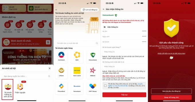 VNeID quá tải sau thông tin tặng 100.000 đồng cho mỗi công dân 4 Các bước tích hợp tài khoản ngân hàng vào tài khoản An sinh xã hội trên VNeID.