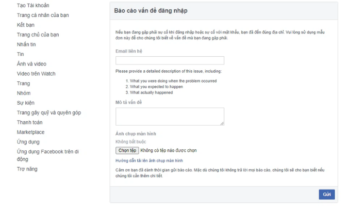 Gửi biểu mẫu khiếu nại Facebook