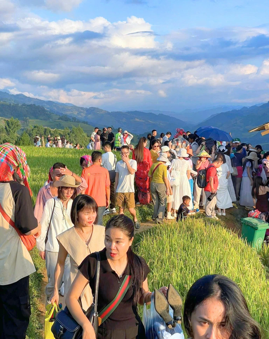 Mù Cang Chải quá tải khách du lịch, homestay cháy phòng đến nửa đêm 2 Lối đi ven các thửa ruộng không còn một chỗ trống (Ảnh: Nhân vật cung cấp).