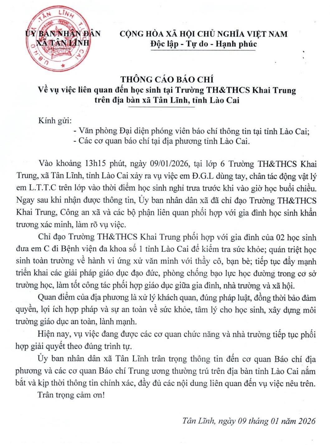 Vụ việc học sinh tại Trường TH&THCS Khai Trung: Chung tay đẩy lùi bạo lực học đường 1 Thông cáo báo chí của UBND Xã Tân Lĩnh