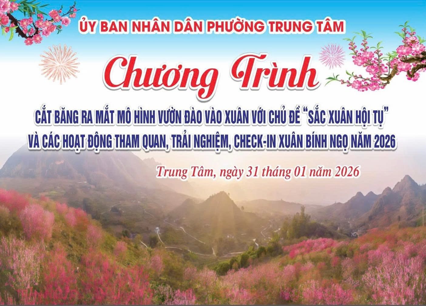 “Sắc xuân hội tụ” rực rỡ tại phường Trung Tâm trong ngày đầu năm mới 4 Poster chuong trinh cat bang ra mat mo hinh Vuon dao vao xuan va cac hoat dong trai nghiem