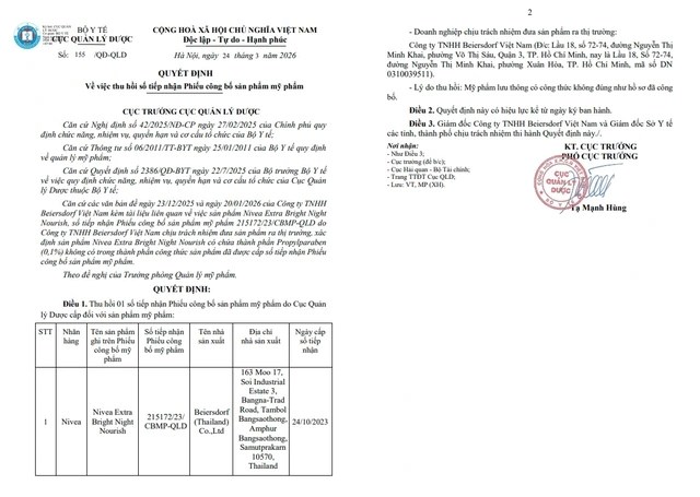 Đình chỉ lưu hành, thu hồi toàn quốc sản phẩm kem dưỡng da Nivea.