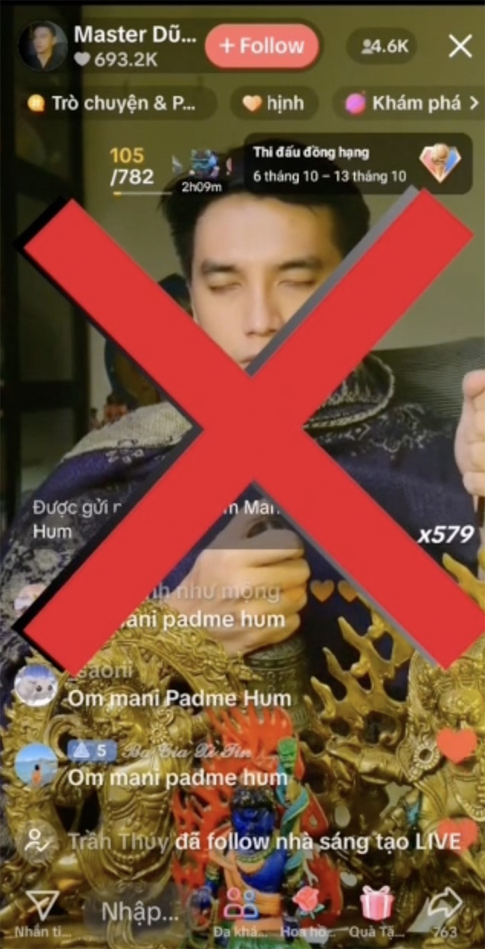 TikToker “Master Dũng Văn” thường xuyên livestream tuyên truyền mê tín dị đoan nhằm trục lợi. (Ảnh chụp màn hình)
