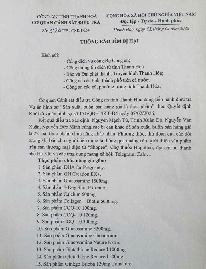 Công an Thanh Hóa tìm người mua 22 loại thực phẩm giả 1 Thông báo tìm bị hại vụ sản xuất, buôn bán thực phẩm chức năng giả.