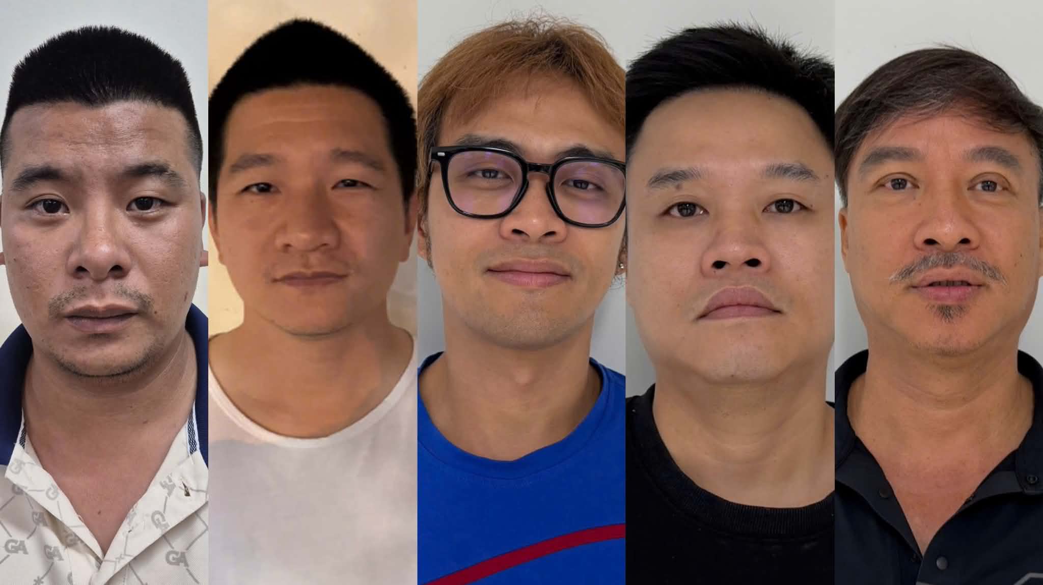 Các bị can Nguyễn Minh Đức, Ngô Thanh Tùng, Võ Hoàng Việt, Nguyễn Trung Trường Huy, Diệp Văn Lập (từ trái qua) - Ảnh: Bộ Công an