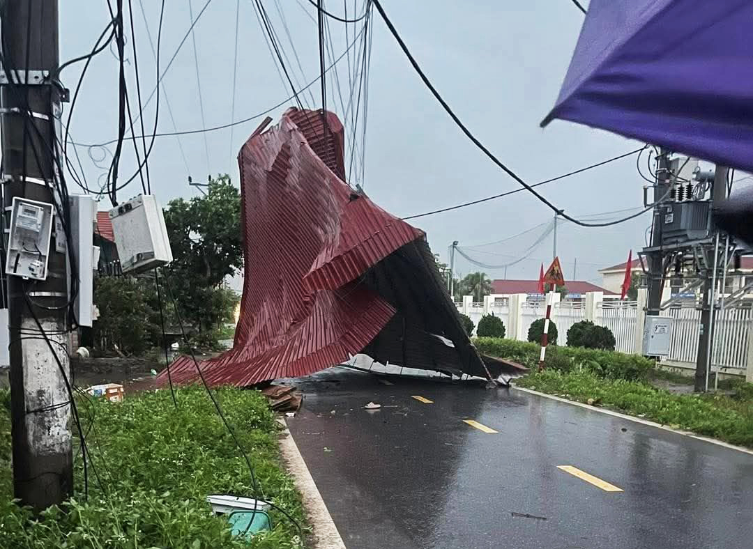 Mái tôn nhà dân tại xã Đầm Hà bị dông lốc cuốn bay, mắc vào dây điện.
