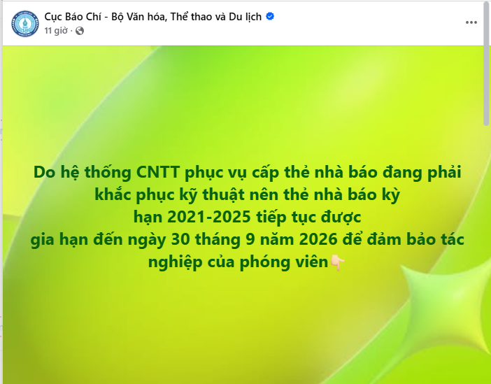 Tiếp tục gia hạn thẻ nhà báo 2021-2025 đến hết 30/9/2026? 1 Thông báo trên fanpage của cục báo chí