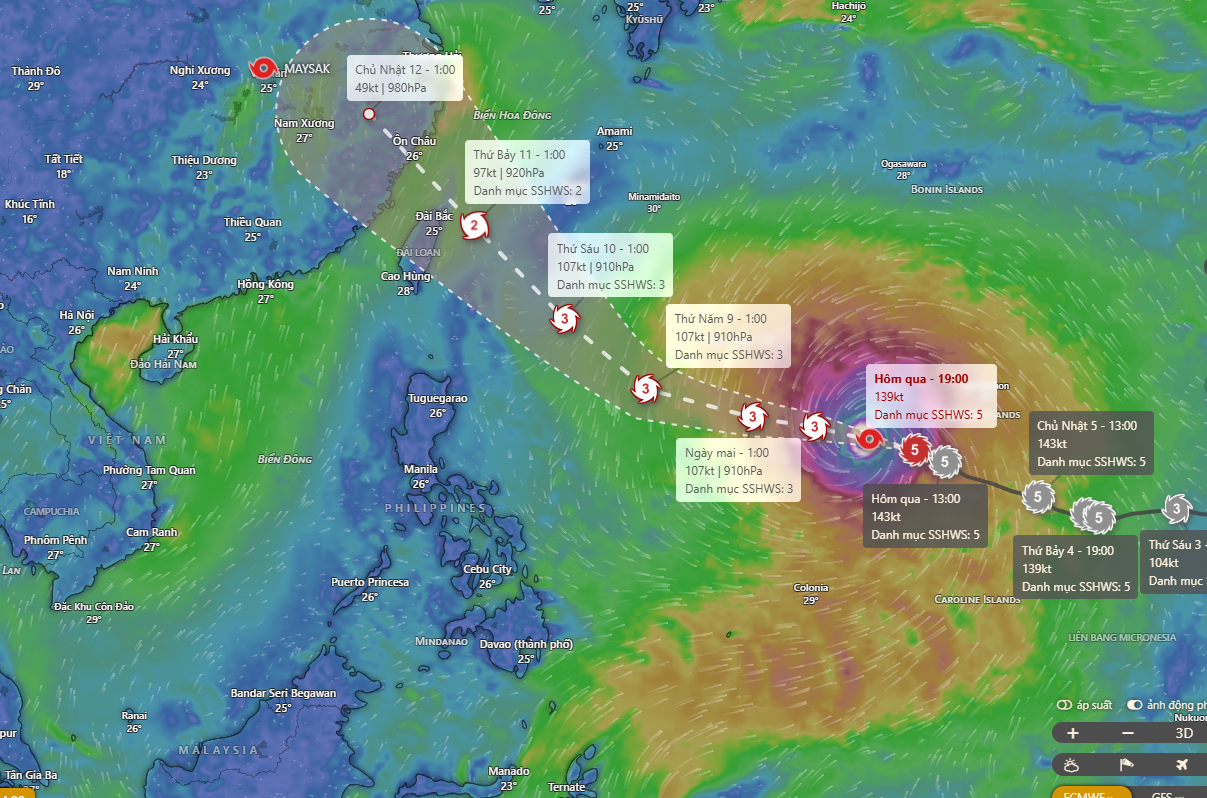 Siêu bão Bavi đạt sức gió gần 300 km/h 2 Dự kiến hướng di chuyển của Bavi. Ảnh Windy