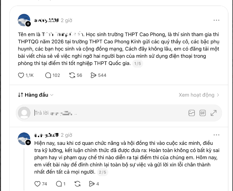 Em C. (chủ tài khoản Threads) đăng bài xin lỗi công khai - Ảnh chụp màn hình