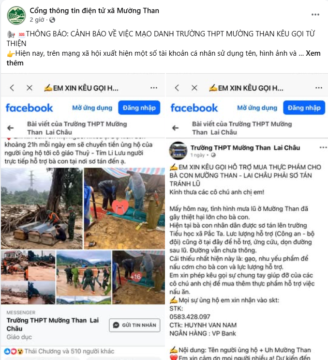 Cảnh báo mạo danh Trường THPT Mường Than kêu gọi từ thiện sau thiên tai 1 Fanpage cổng thông tin điện tử của xã Mương Than khẳng định thông tin kêu gọi từ thiện là giả mạo
