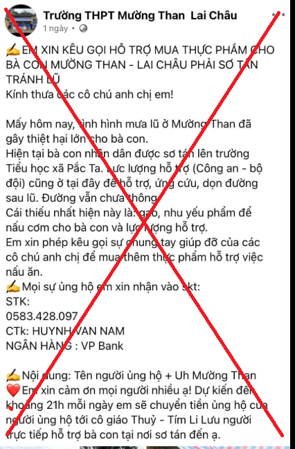Cảnh báo mạo danh Trường THPT Mường Than kêu gọi từ thiện sau thiên tai 2 Bài viết trên fanpage giả mạo có lời kêu gọi và STK cá nhân để kêu gọi ủng hộ
