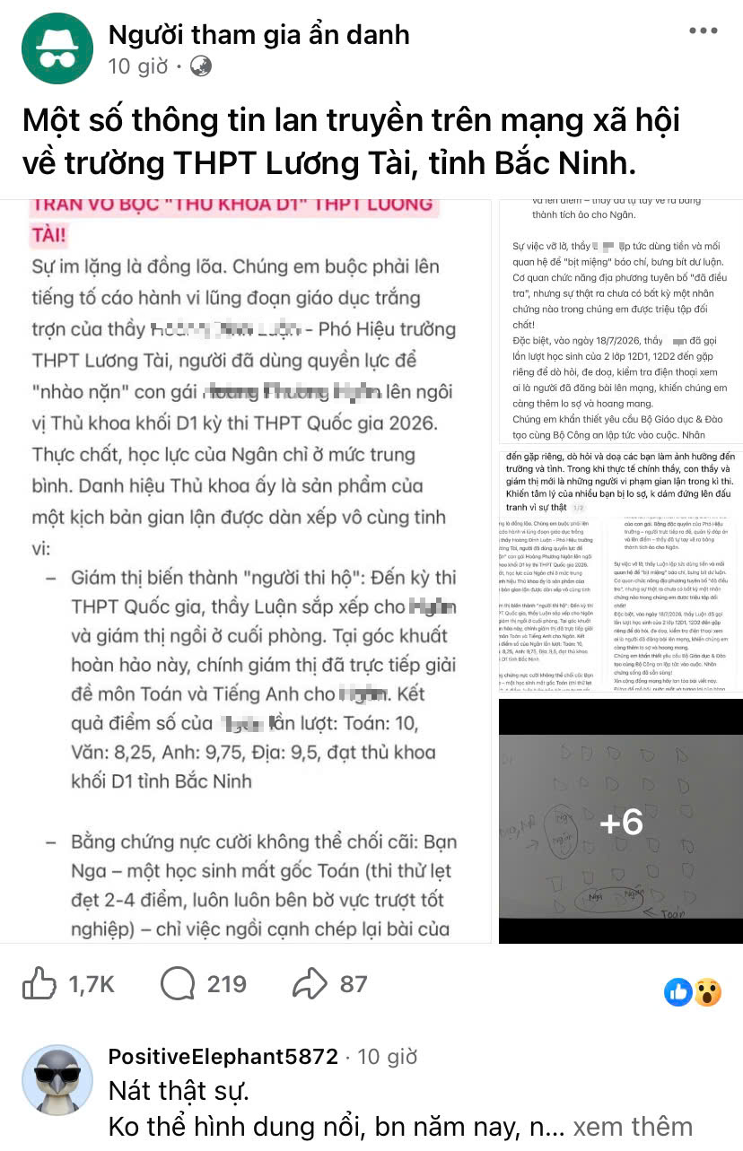 Xác minh thông tin tố giám thị làm bài hộ con gái hiệu phó tại Bắc Ninh 1 Thông tin lan truyền trên MXH