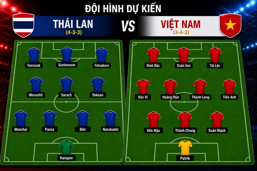 Đội hình dự kiến trận đấu giữa ĐT Thái Lan và Việt Nam