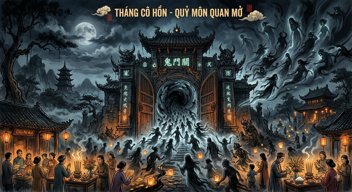 Theo truyền thuyết, vào ngày mùng 1 tháng 7 Âm lịch, Diêm Vương mở Quỷ Môn Quan. Ảnh AI