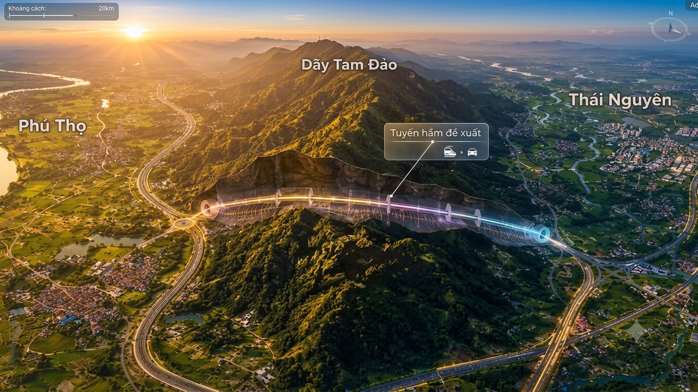 Thống nhất đầu tư đường hầm Tam Đảo gần 5.800 tỷ đồng, rút ngắn 40 km kết nối vùng 1 Vị trí đề xuất làm đường hầm nối giữa 2 tỉnh. Ảnh Minh Họa A.I